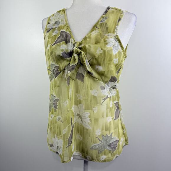 Vintage Y2K First Time Green Floral Sleeveless Blouse Medium Sheer Tie Bodice - Picture 12 of 12